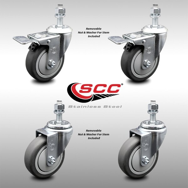 Service Caster 4 Inch SS Thermoplastic Rubber 1/2 Inch Stem Caster Total Lock Brake SCC, 2PK SCC-SSTSTTL20S414-TPRB-M1215-2-S-2 - main